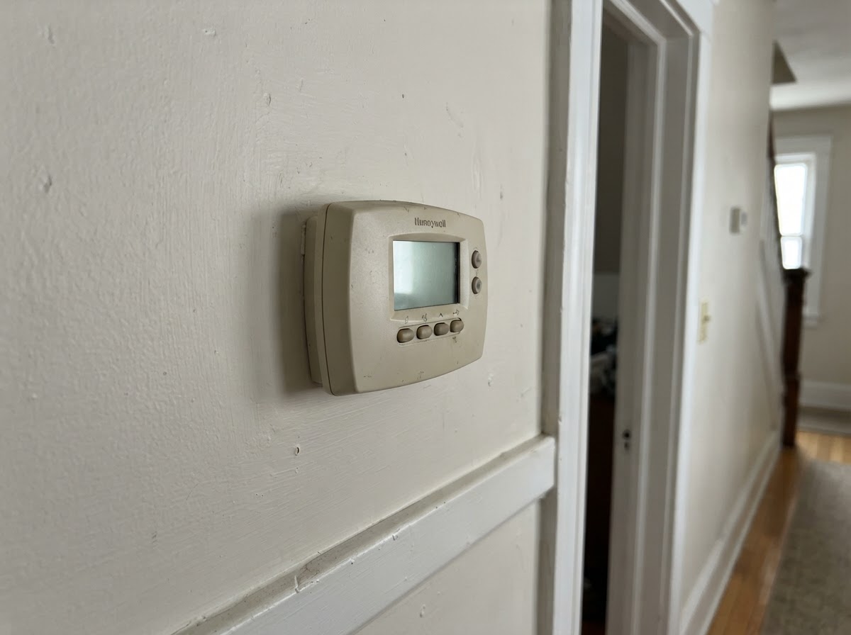 Wall-mounted digital thermostat in a residential hallway
