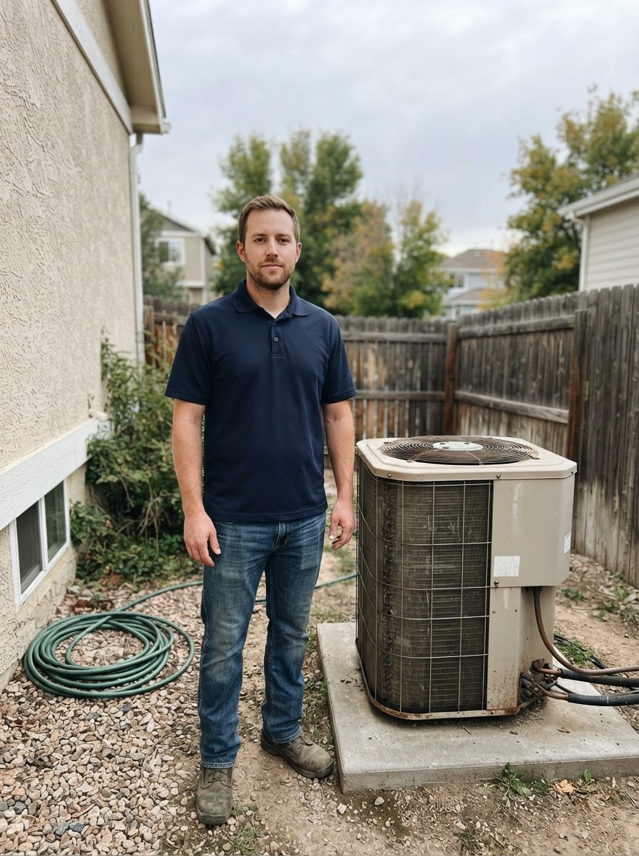 A technician standing beside an outdoor air conditioning condenser at a Denver home