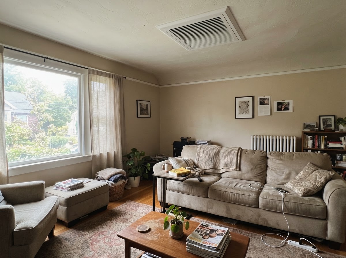 Residential living room with a visible ceiling air vent