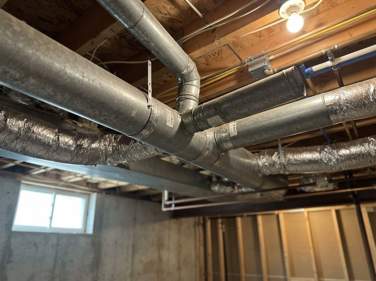 Residential HVAC ductwork runs in a Denver basement ceiling