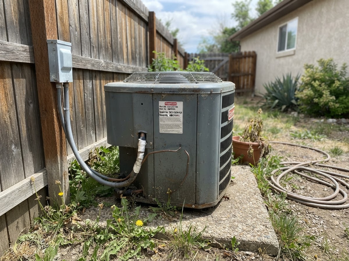Residential outdoor air conditioning condenser unit at a Denver home