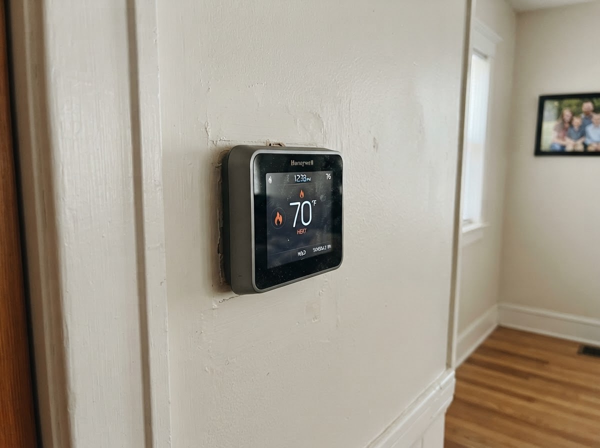 Wall-mounted smart thermostat on an interior wall