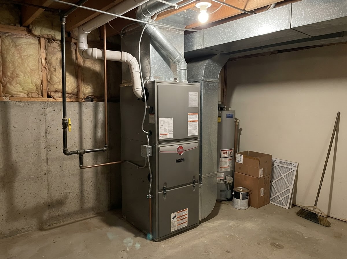 Residential furnace in a Denver home basement mechanical room