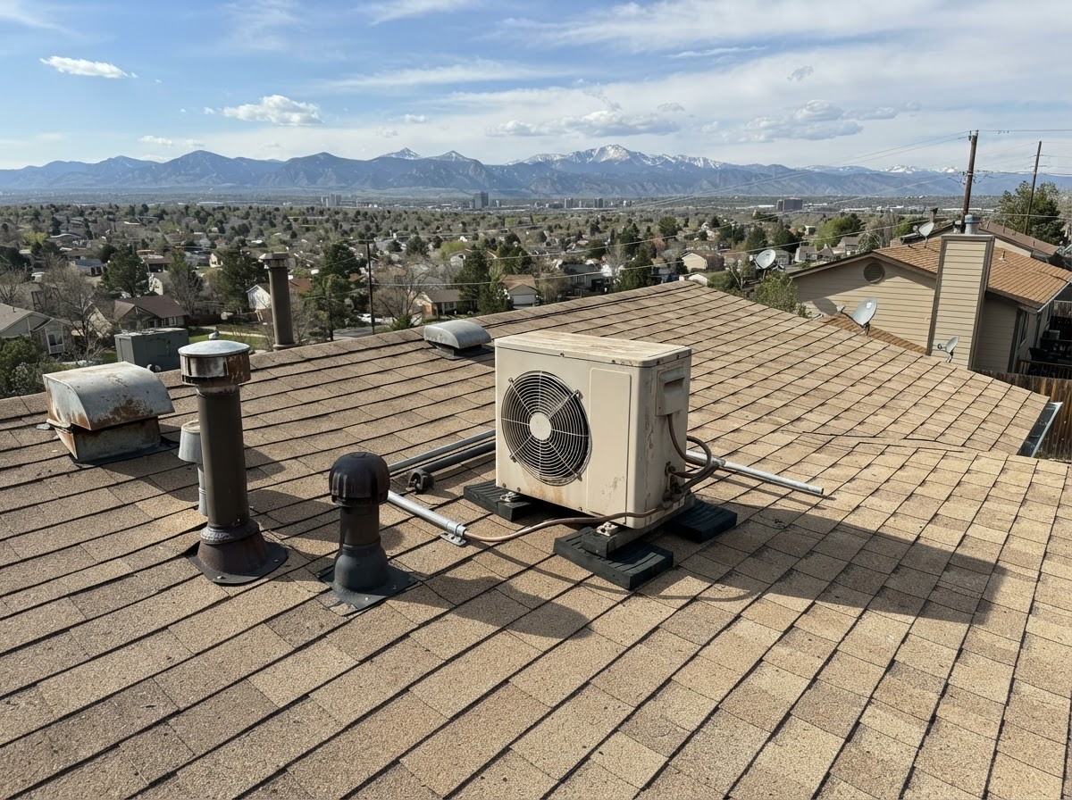 Rooftop HVAC vent caps and condenser on a Denver home
