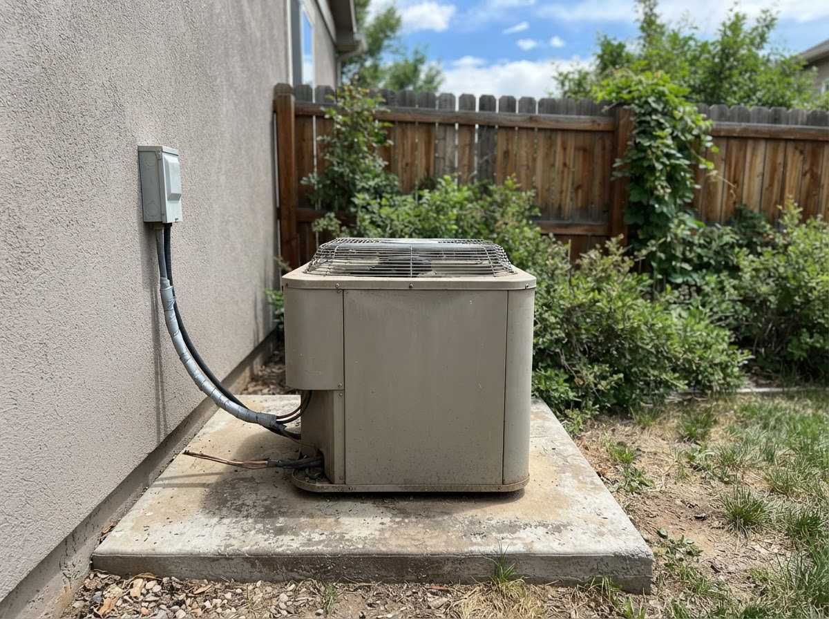 An HVAC technician standing naturally beside an outdoor air conditioning condenser at a Denver home