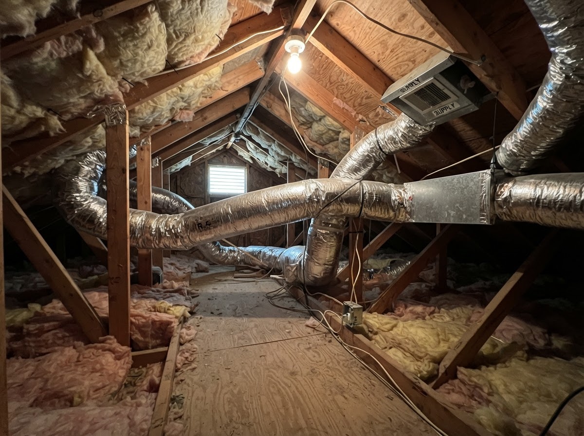 Attic ductwork runs and vents