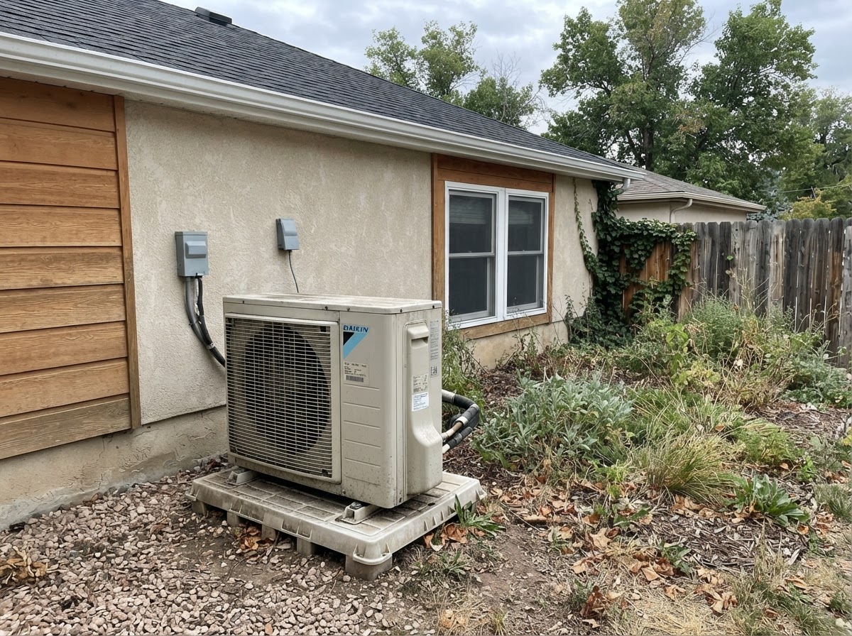 Residential heat pump outdoor unit beside a Denver home