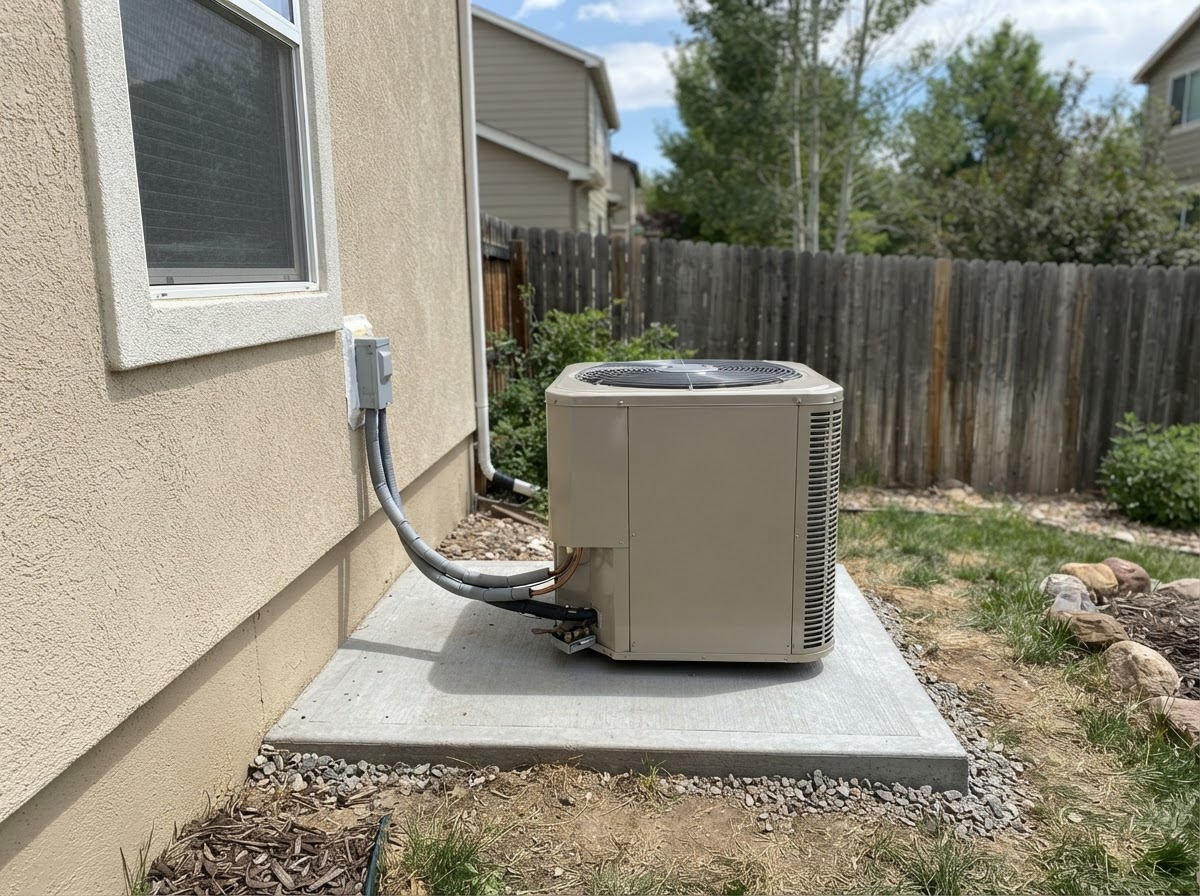 New residential air conditioner condenser unit installed beside a Denver home
