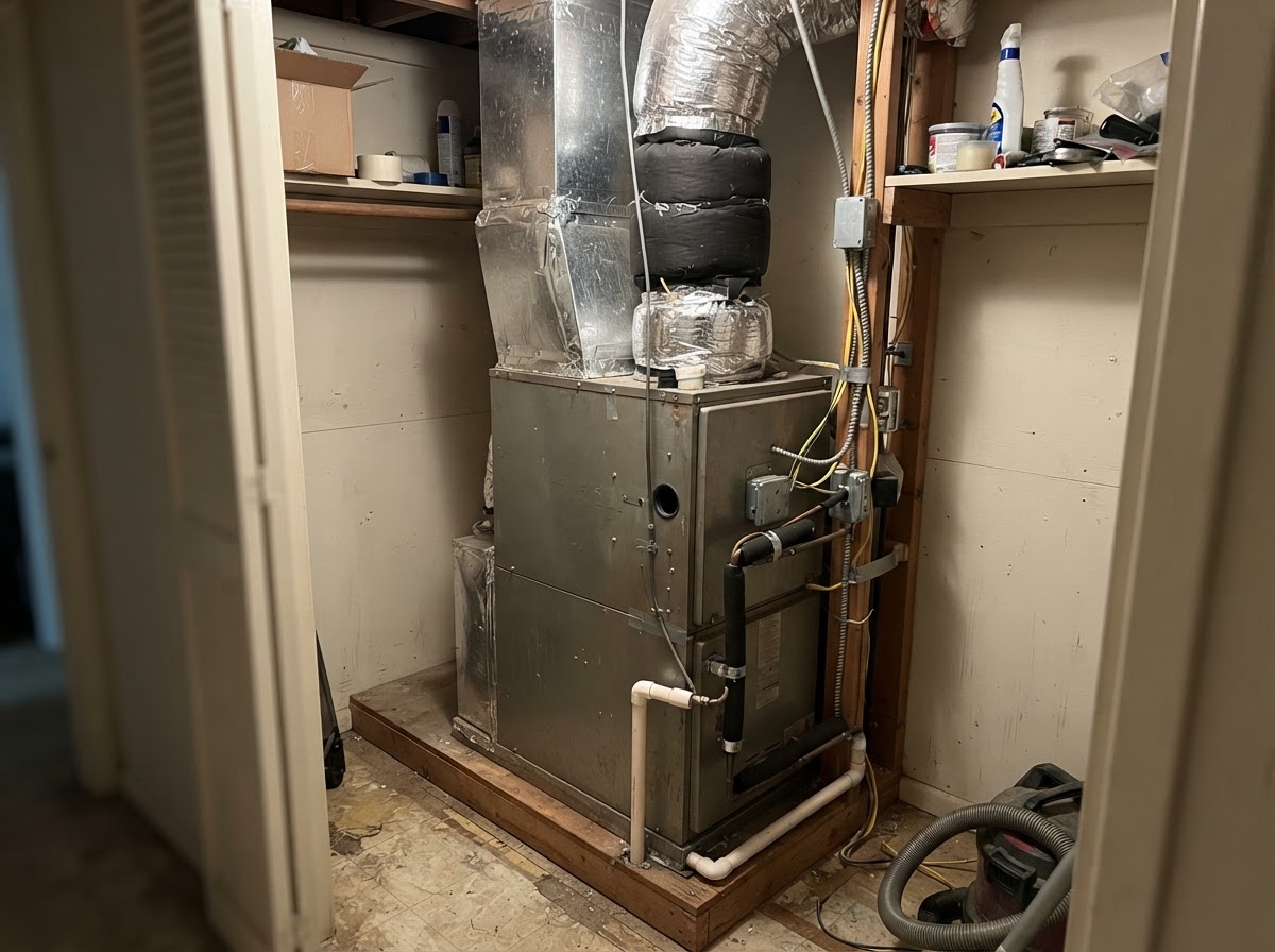 Residential HVAC air handler unit in a mechanical room