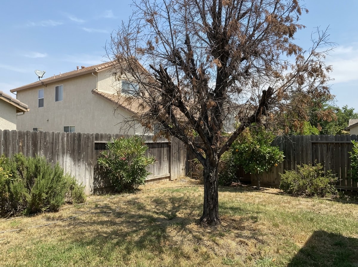 A dead tree with sparse brown foliage standing in a residential California yard.
