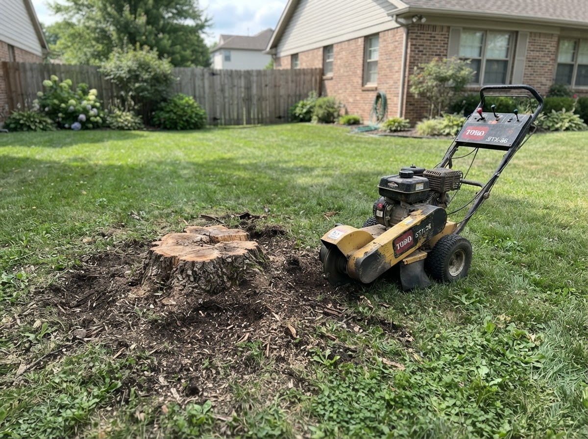 A tree stump in a residential lawn with a stump grinding machine positioned nearby.