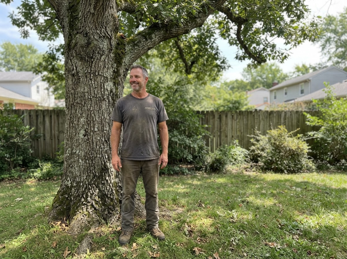 A tree-care worker standing beside a mature tree in a residential yard.