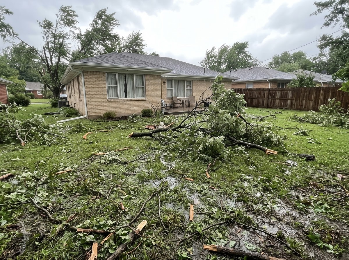 Fallen branches and storm debris across a residential lawn after a storm.