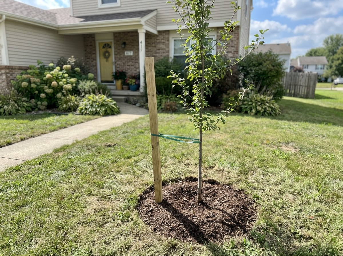 A freshly planted young tree staked in the front yard of a residential property.