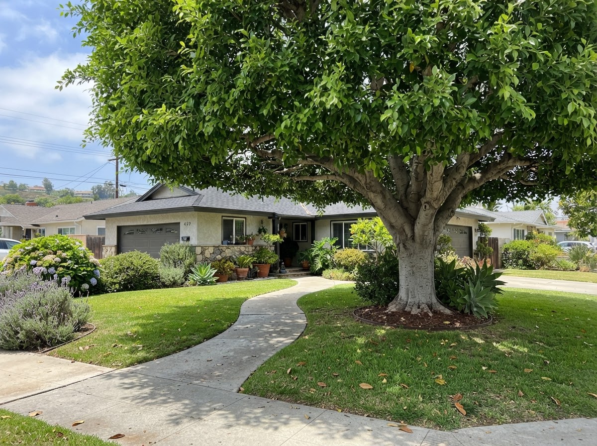 A well-maintained tree canopy with cleanly trimmed branches over a residential yard.