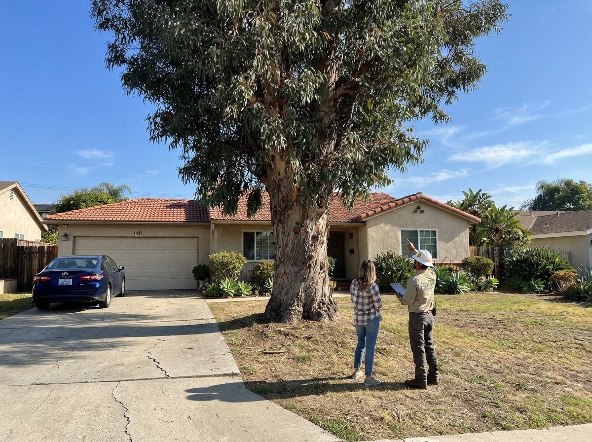 A residential property with a large mature tree being assessed for removal.