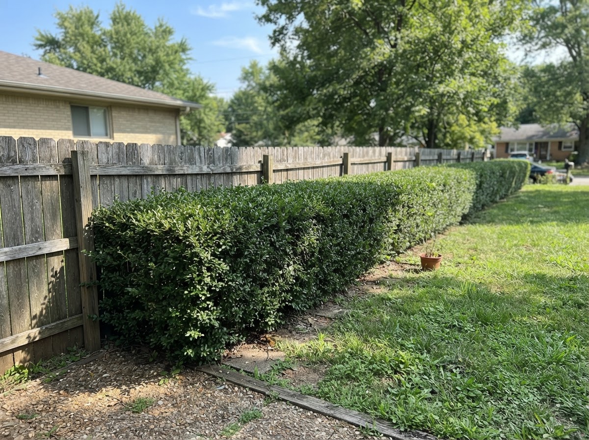 A neatly trimmed hedge along a residential property fence line.