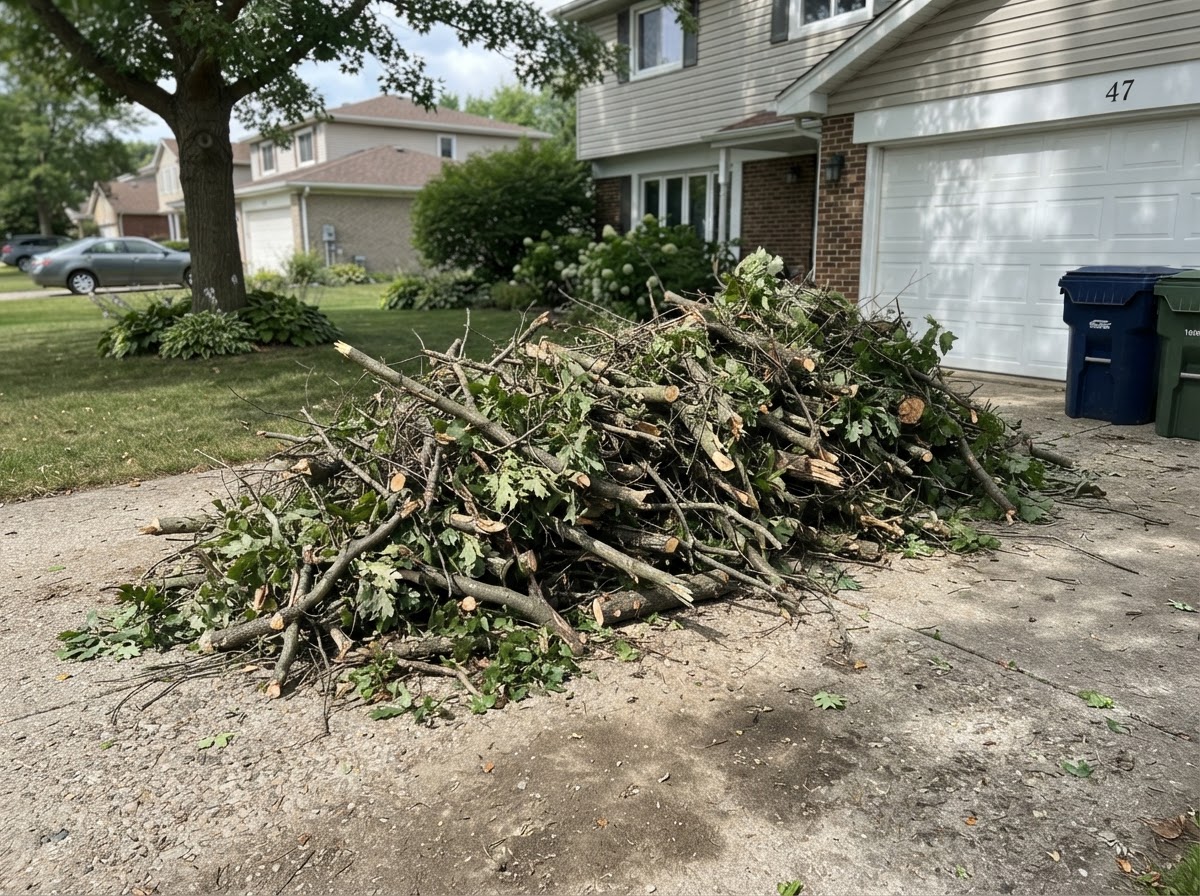 Cut tree branches and limbs removed from a residential property.