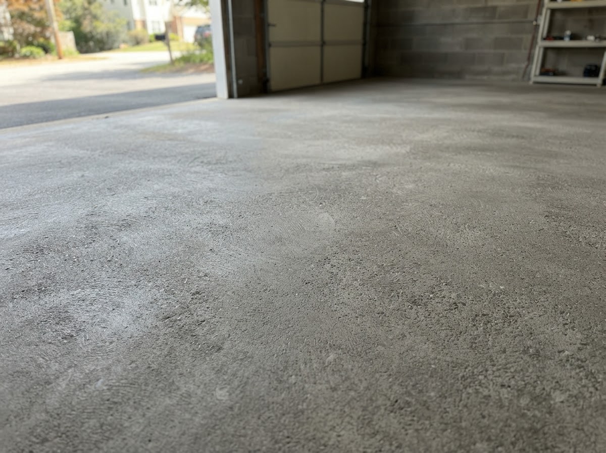 Prepared concrete floor surface after mechanical grinding with smooth matte gray texture