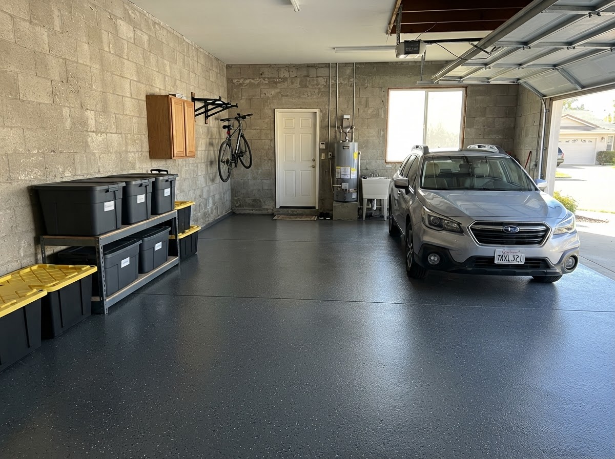 Clean two-car residential garage with a freshly coated dark gray epoxy floor