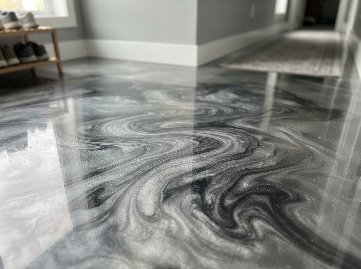 Close-up of a metallic epoxy floor with silver and charcoal swirls