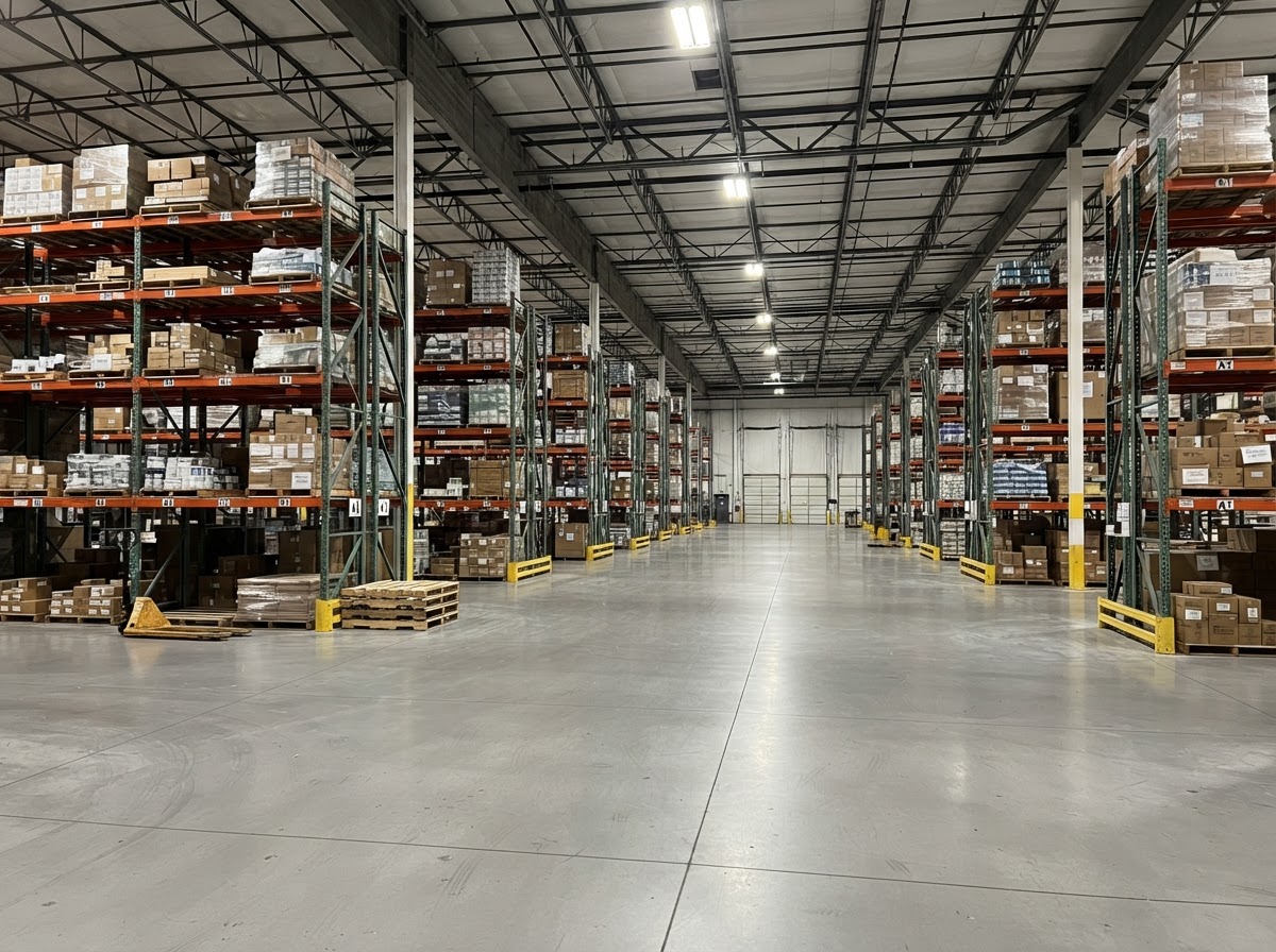 Large warehouse interior with a smooth gray floor coating and rows of shelving