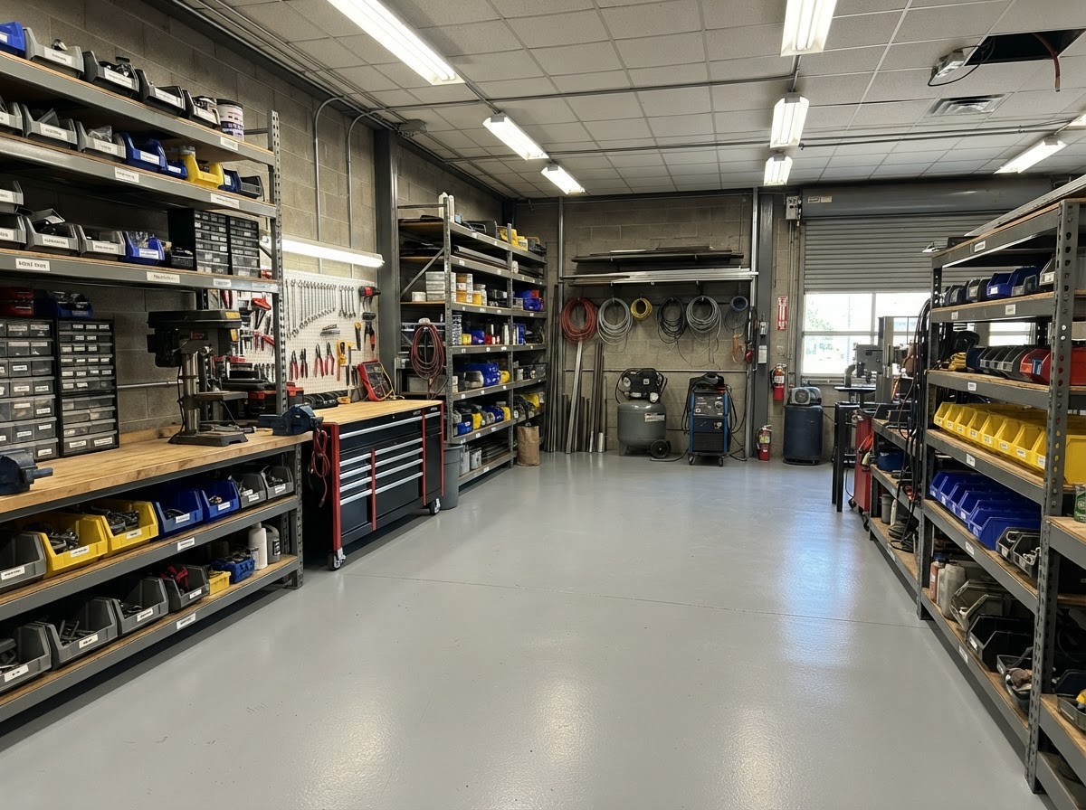 Clean commercial workshop with a smooth gray floor coating