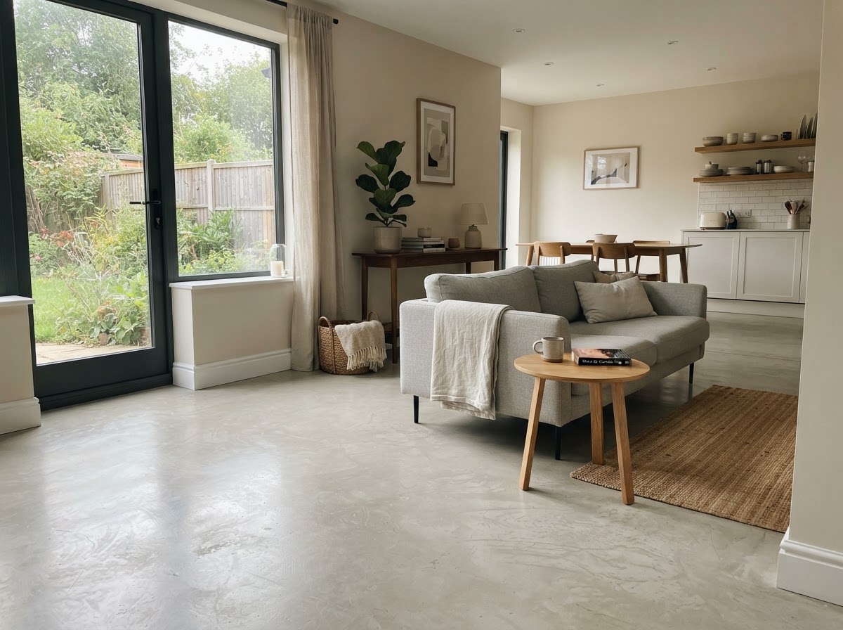 Modern home interior with a polished light gray epoxy floor and soft natural light