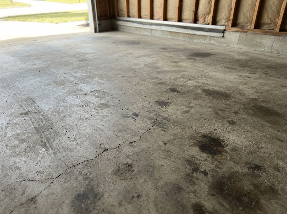 Older worn concrete floor with an existing coating showing wear and staining