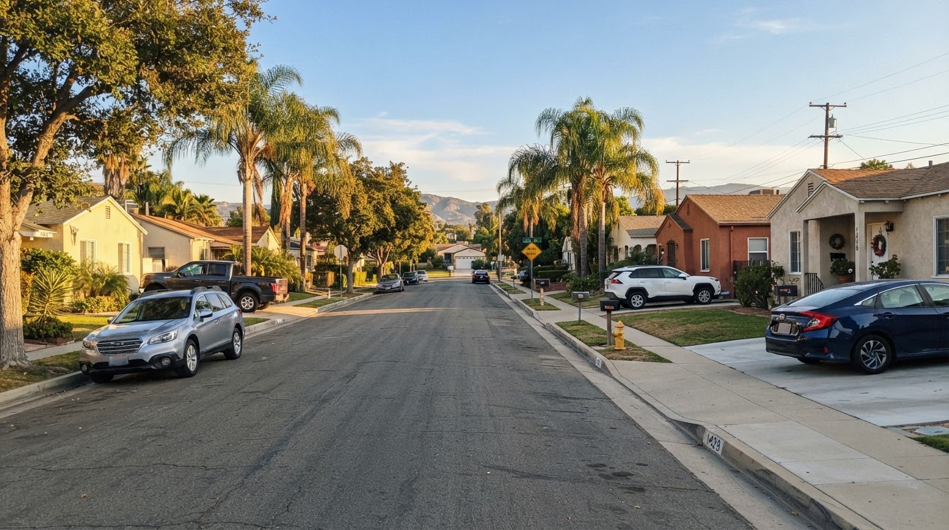 Residential street in a Chula Vista neighborhood with stucco homes and concrete driveways