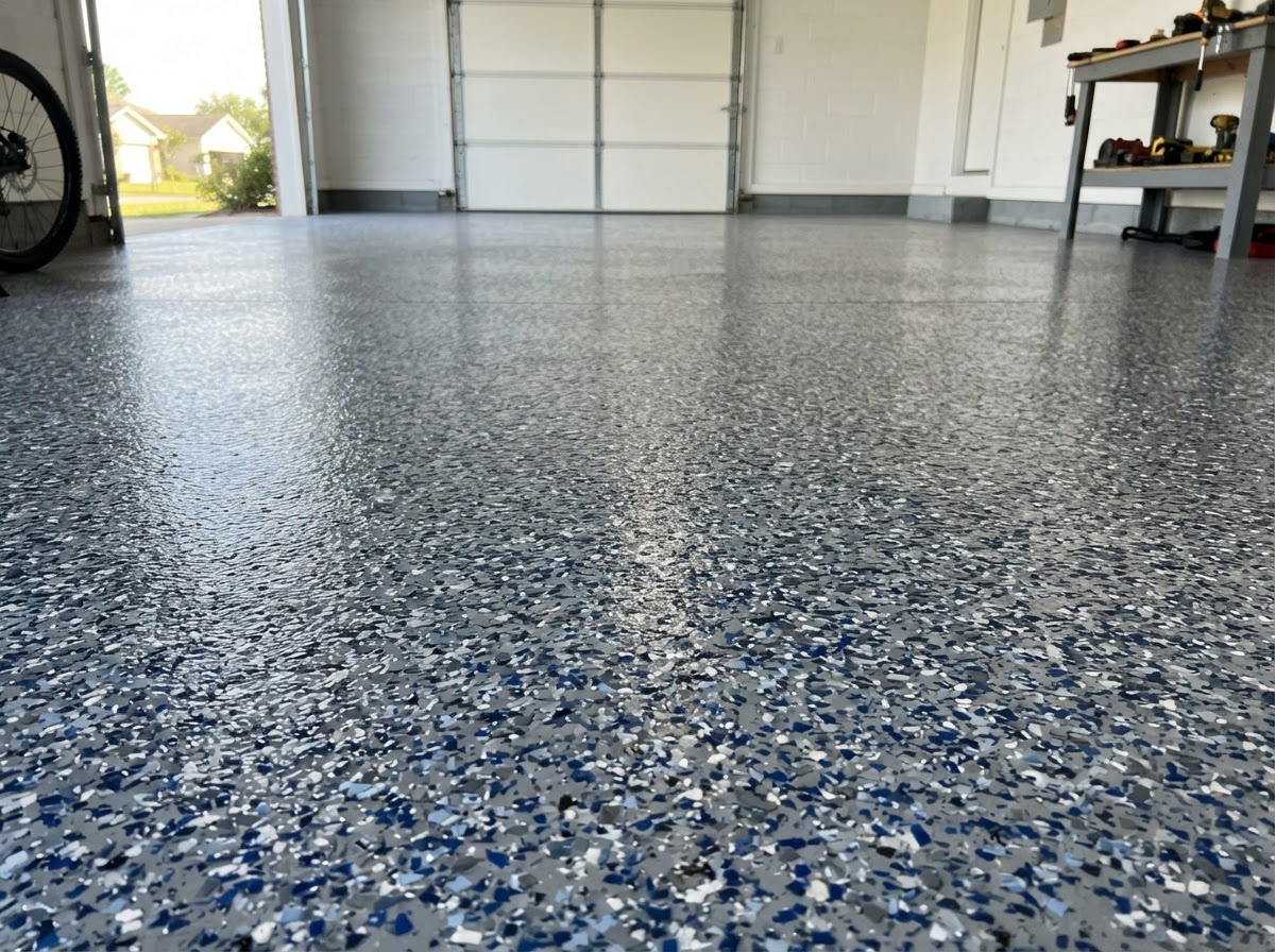 Decorative flake epoxy floor with multicolor gray and blue speckled flakes