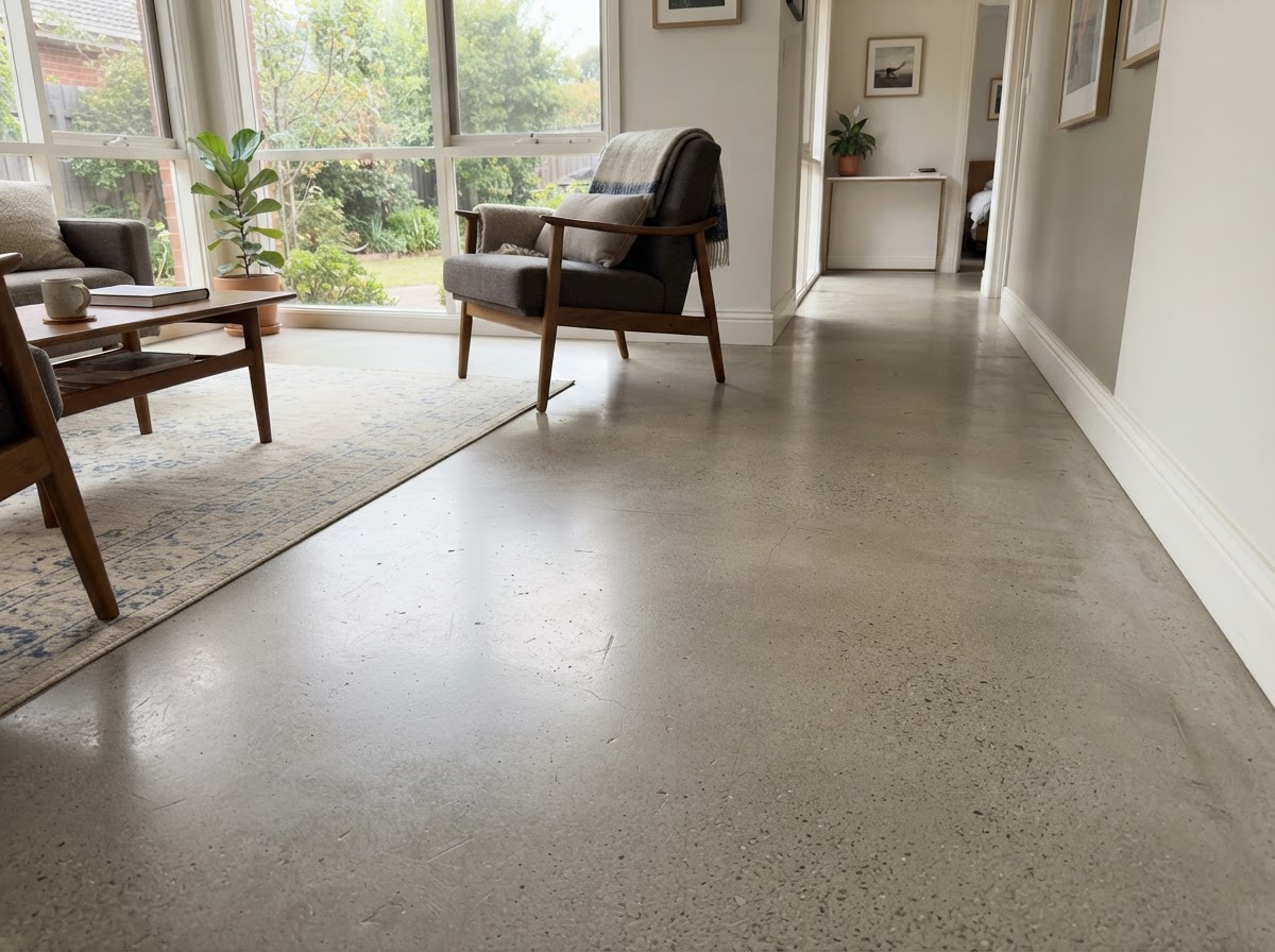 Sealed concrete floor with a subtle satin sheen in soft natural indoor light