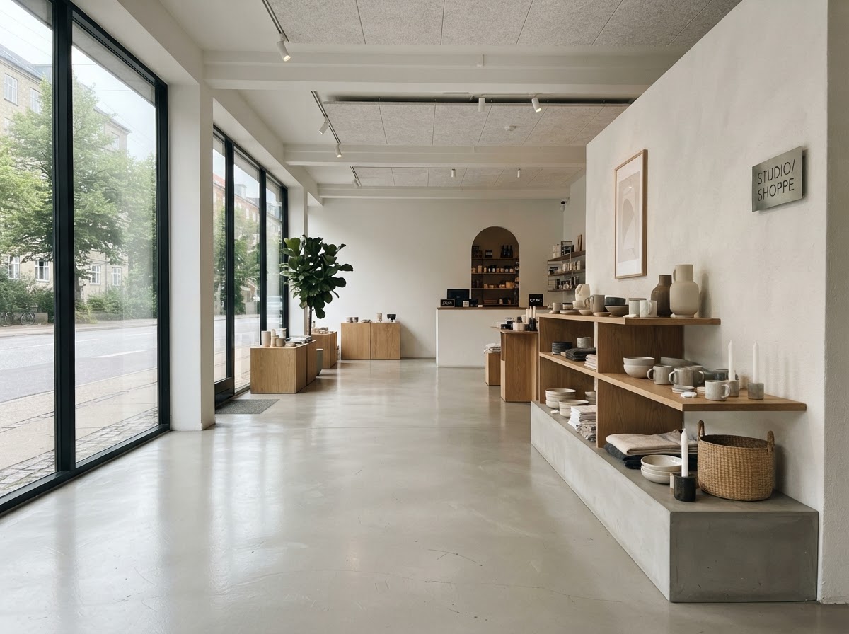 Modern commercial showroom interior with a polished light gray floor coating