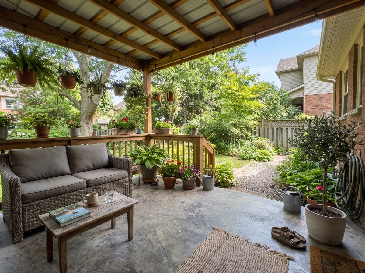 Covered patio with a smooth concrete floor coating