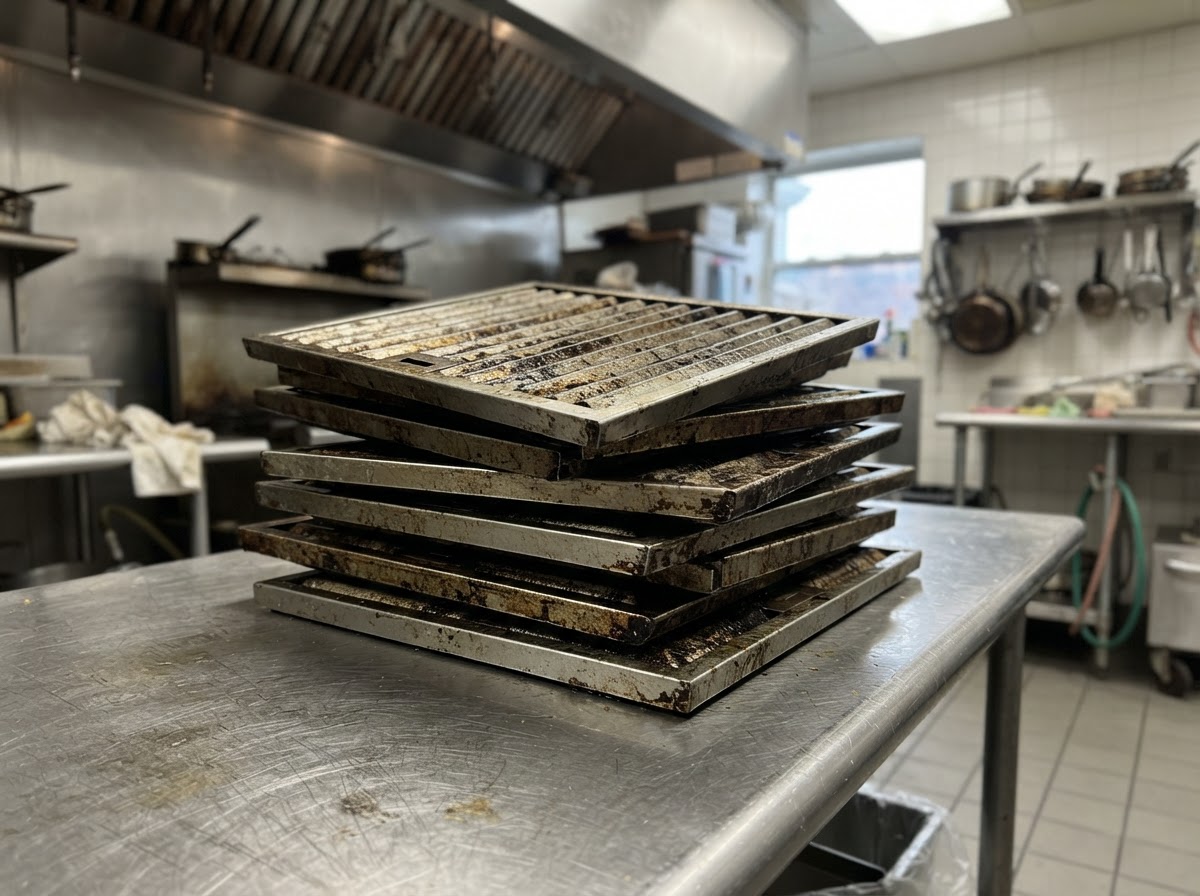 Stack of removable metal baffle grease filters resting on a stainless steel counter