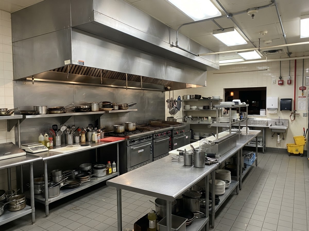 Clean commercial restaurant kitchen interior with stainless steel prep tables and an overhead exhaust hood