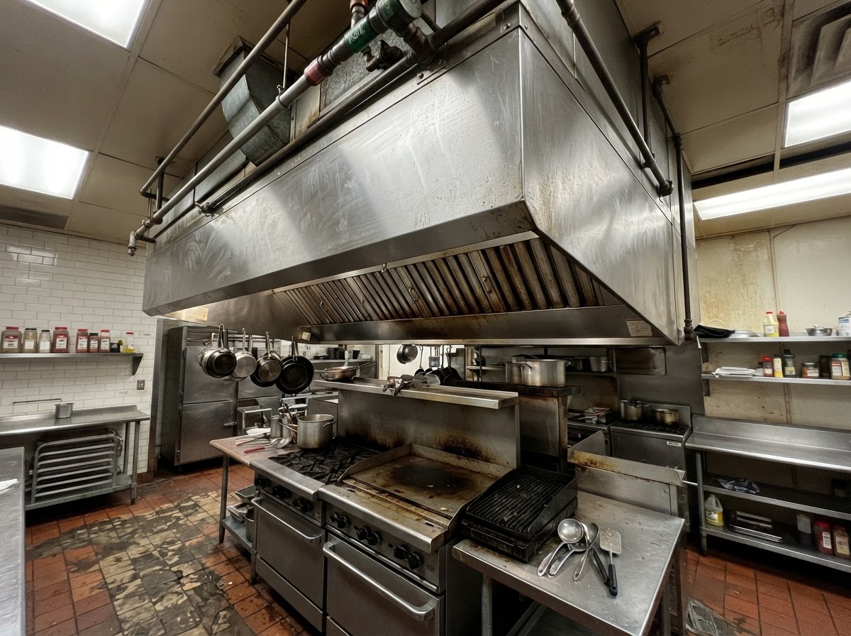 Commercial kitchen exhaust hood suspended above a stainless steel cooking line