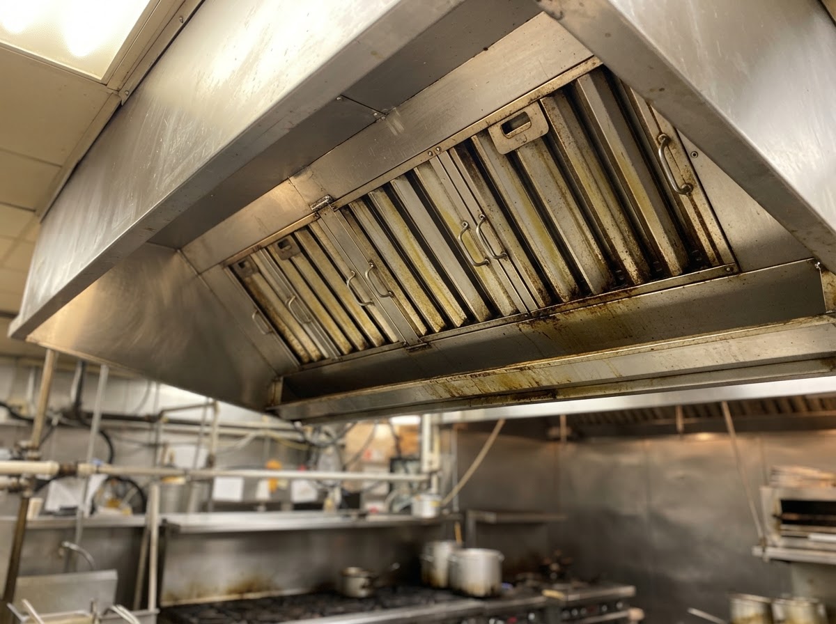 Stainless steel hood canopy with baffle grease filters installed above cooking equipment