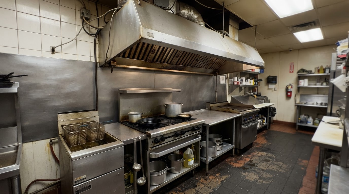 Commercial kitchen exhaust hood suspended over a stainless steel cooking line