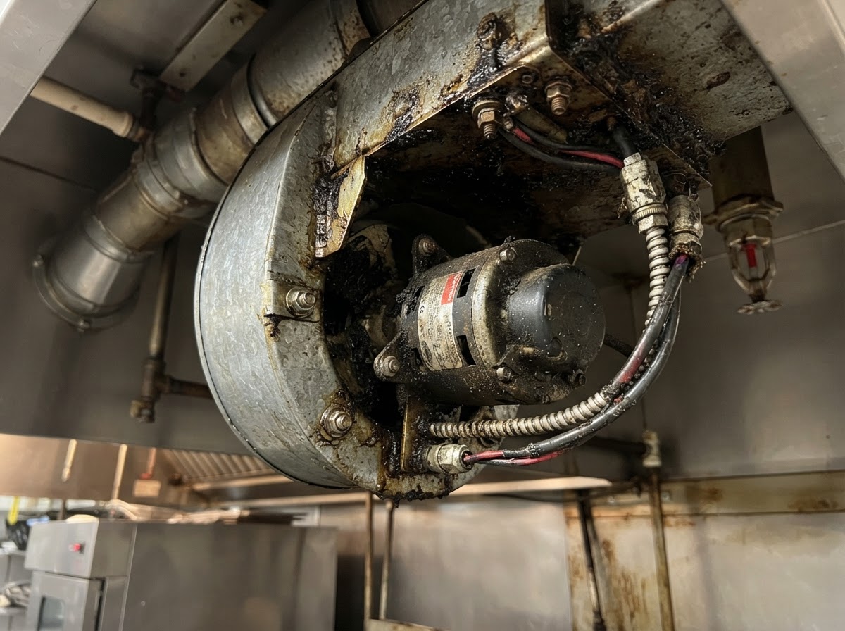 Close-up of an exhaust fan motor and housing on a commercial ventilation unit