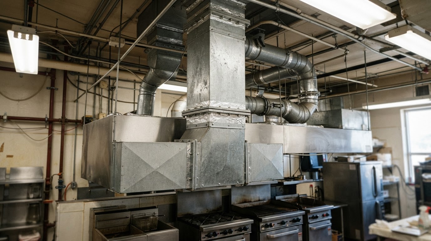 Commercial kitchen ventilation system with metal ductwork and a hood over cooking equipment
