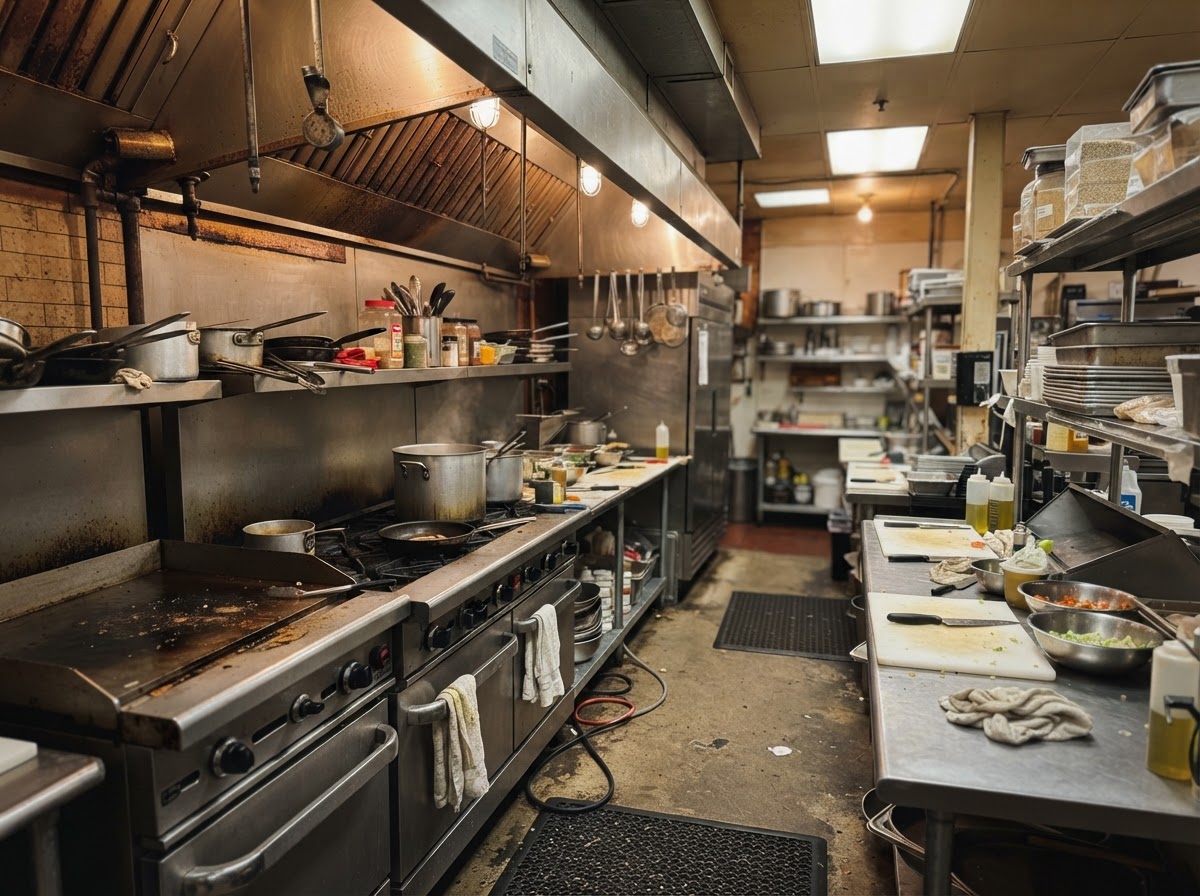 Commercial kitchen interior from a side angle showing stainless steel equipment and an overhead hood