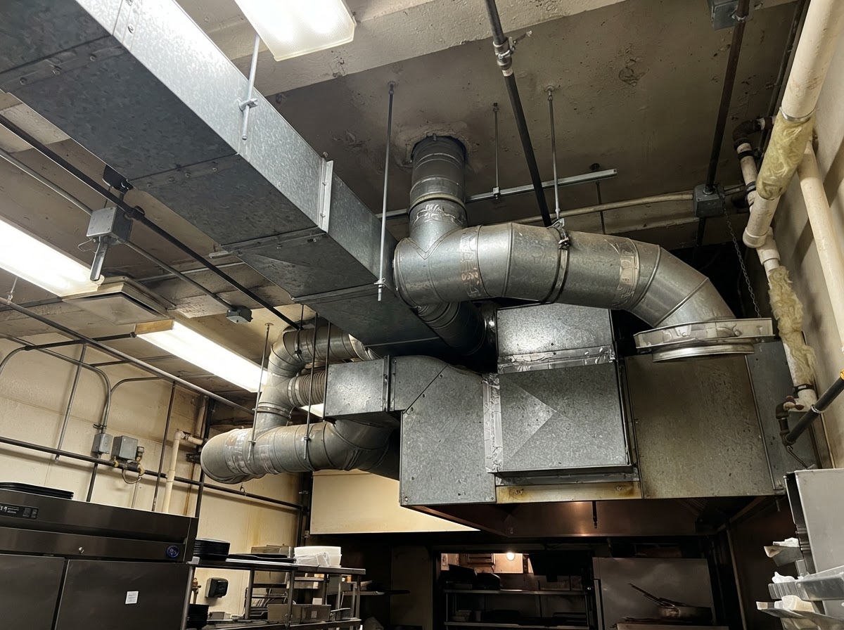 Galvanized metal exhaust ductwork running along the ceiling of a commercial kitchen