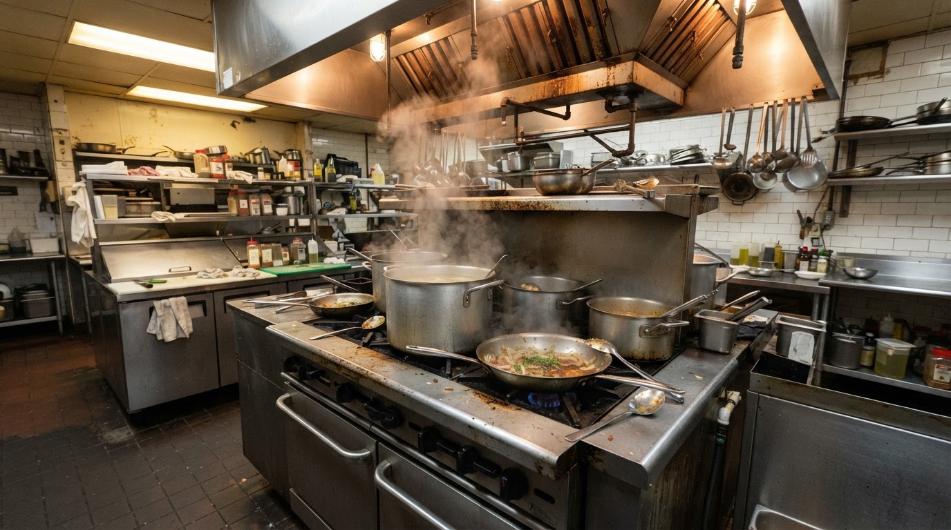 Restaurant cooking line with a commercial range and an overhead stainless steel exhaust hood