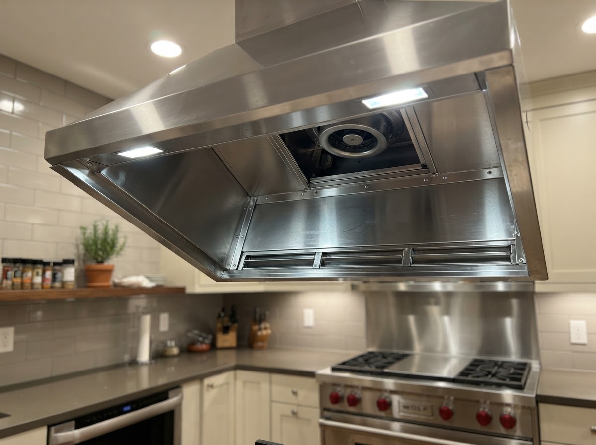 Recently cleaned stainless steel kitchen exhaust system showing the hood interior and polished metal surfaces