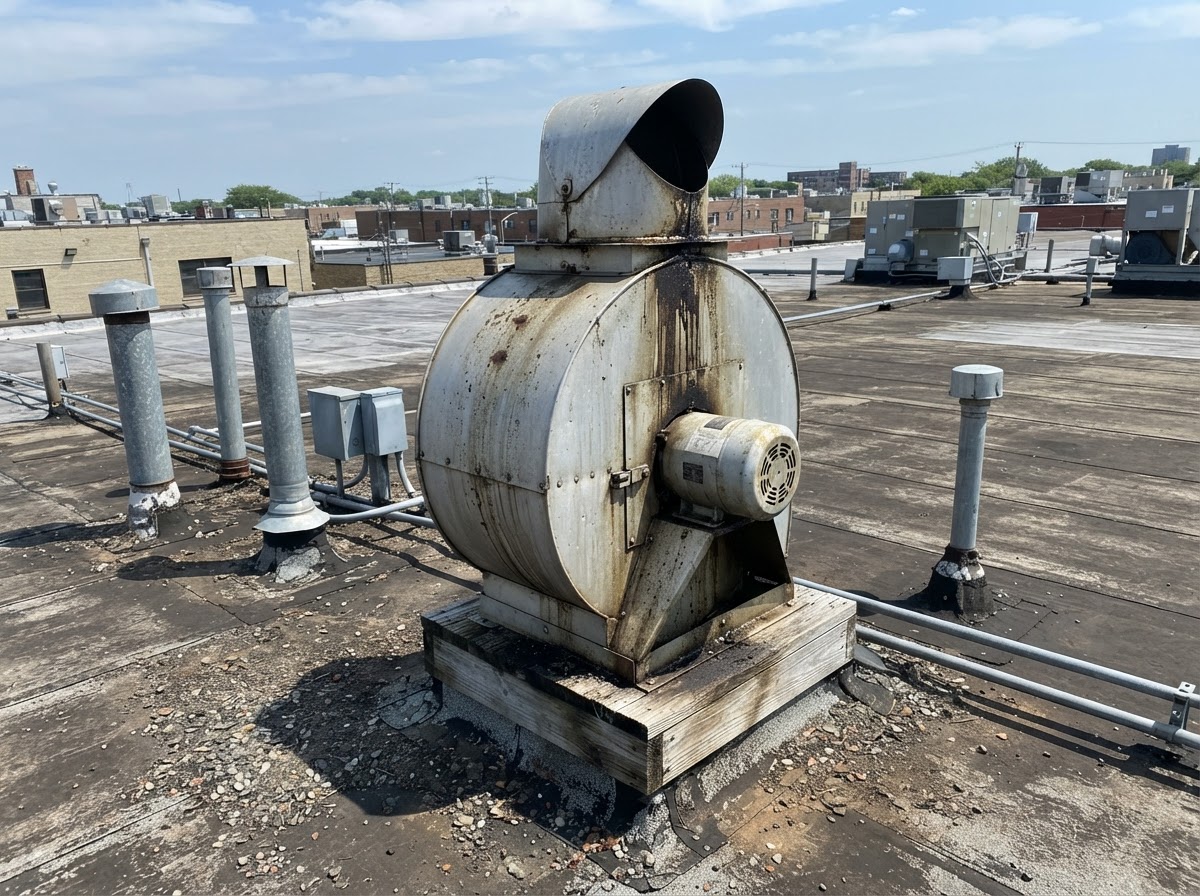 Rooftop upblast exhaust fan unit on a flat commercial building roof