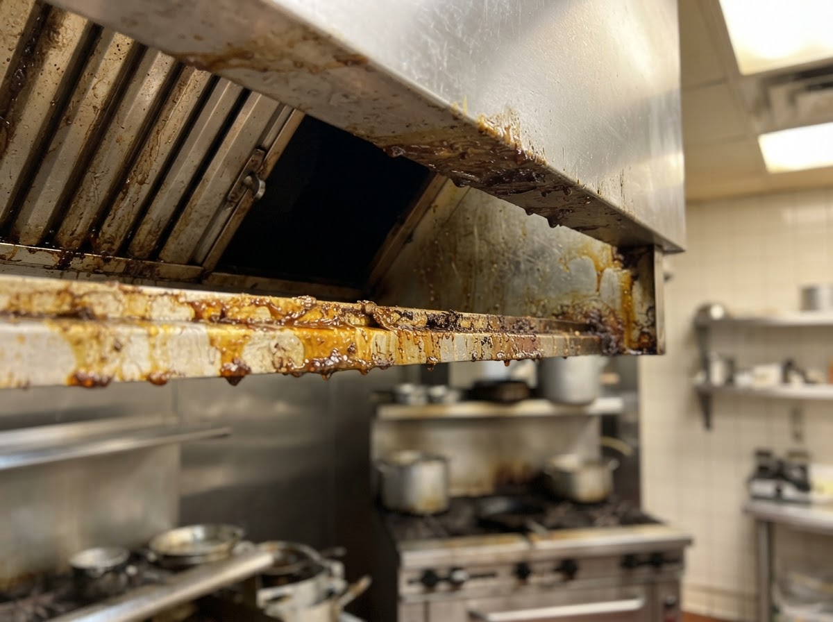 Grease buildup on the interior surface of a commercial kitchen exhaust hood