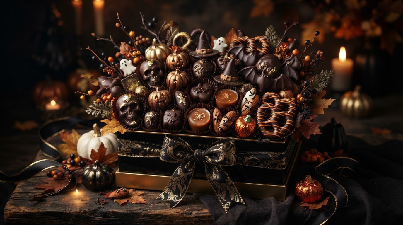 Halloween tematikájú édességcsomag narancs és fekete díszítésekkel