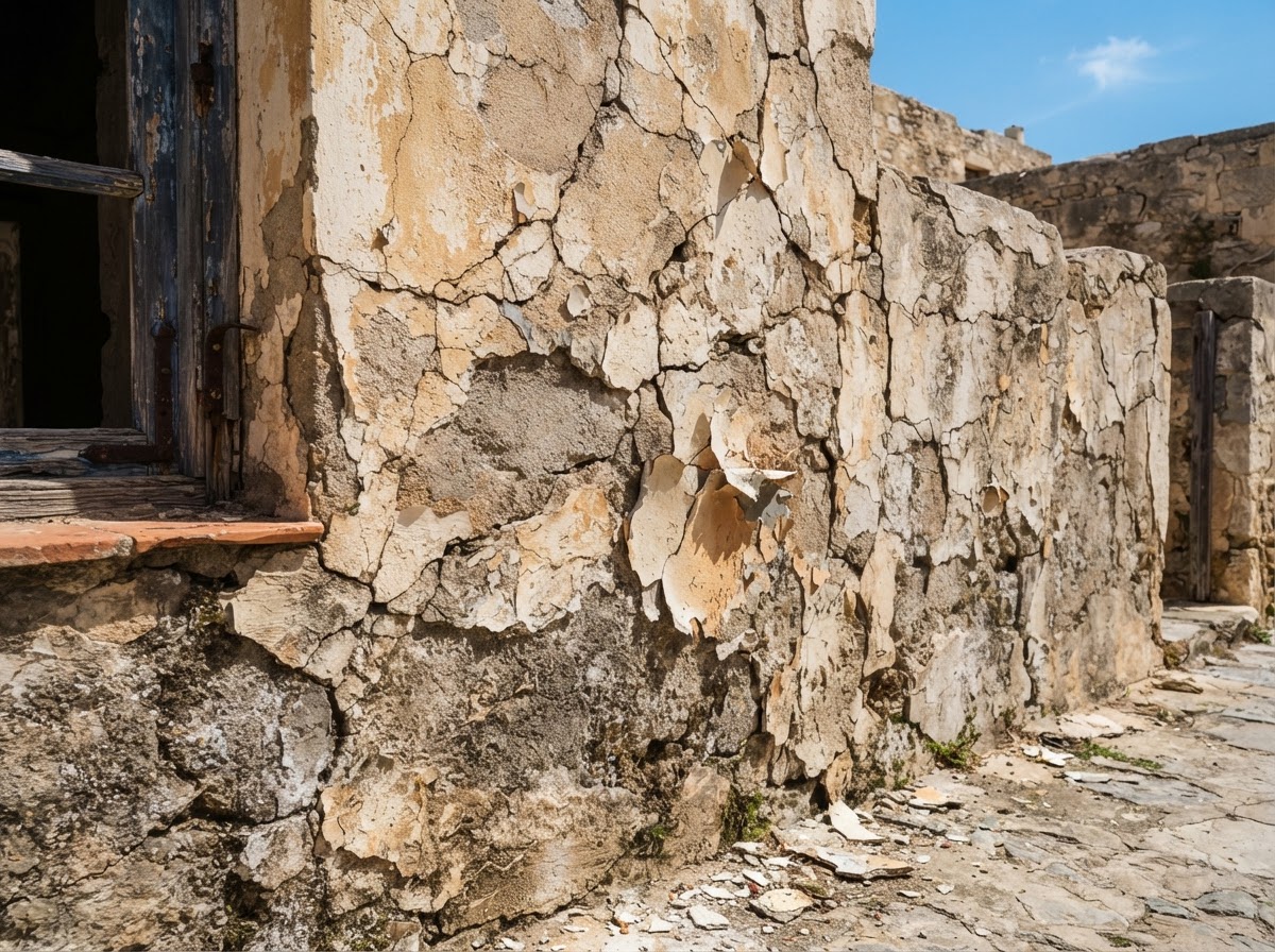 Stucco before — deteriorated condition