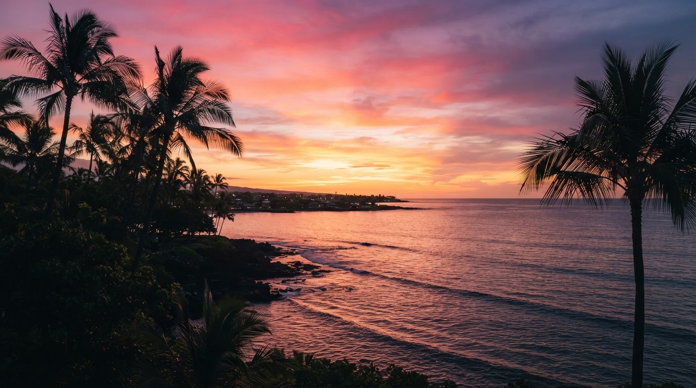 A Hawaiian sunset melting magenta, coral, and gold over the Kailua-Kona coastline